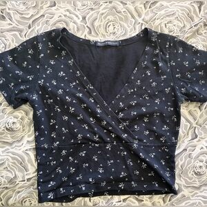 Brandy Melville Black Floral Wrap Crop Top